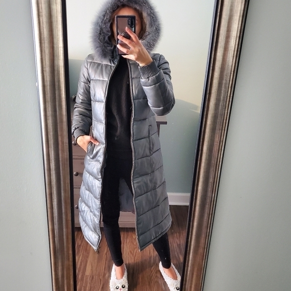 The Leather Company Gray Metallic Leather Jacket Coat - Picture 1 of 6